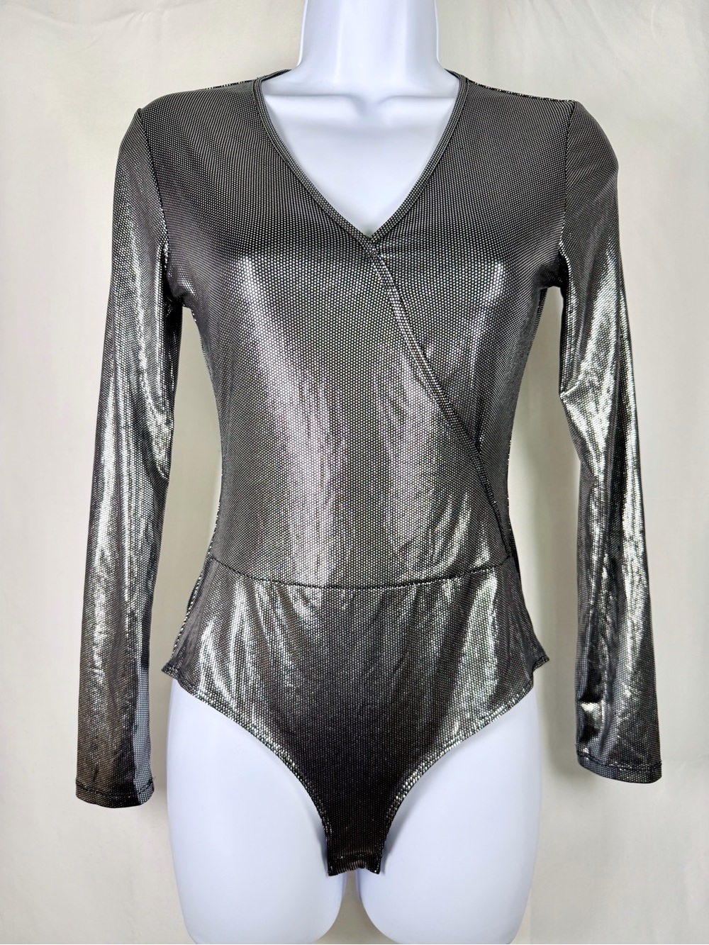 Charlotte Russe Metallic Silver Wrap Front Bodysuit Long Sleeve Disco Party Top